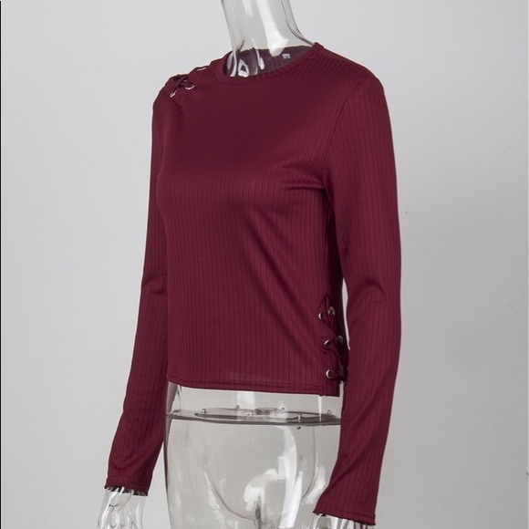 😘😘Sexy Wine Long Sleeve Lace Up Top - Picture 3 of 5